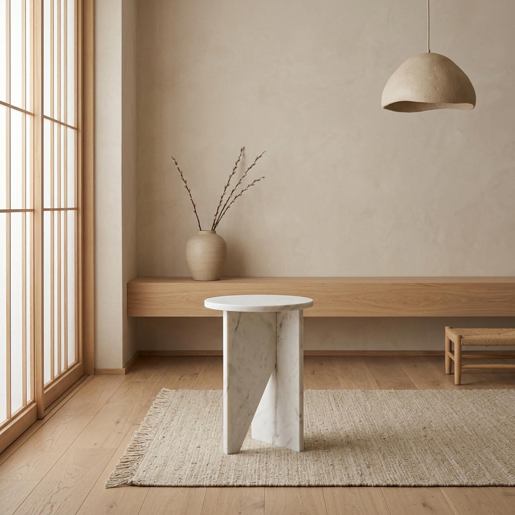 Table de chevet japandi Koe dans un intérieur japandi — Marbre blanc | Maison Japandi