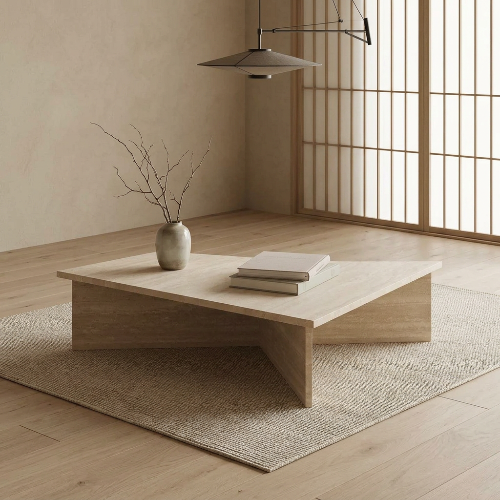 Vue de profil table basse japandi Kishi en travertin wabi-sabi | Maison Japandi