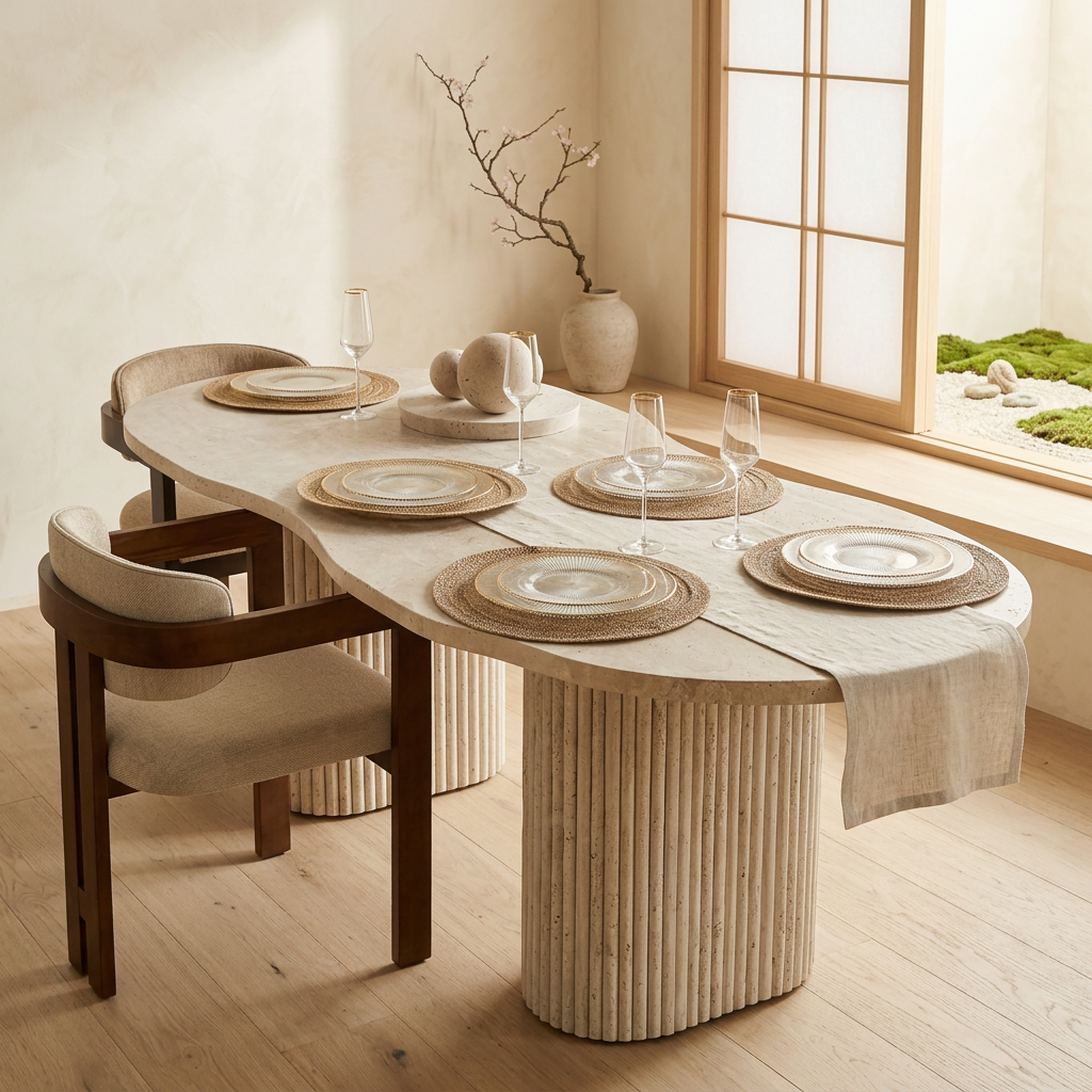 Plateau travertin — table à manger japandi artisanal | Maison Japandi
