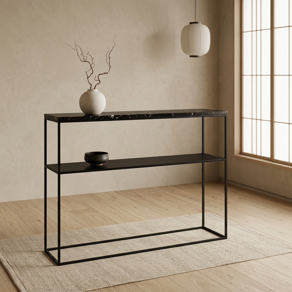 Vue de profil console japandi Métal en marbre noir wabi-sabi | Maison Japandi
