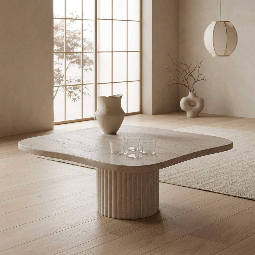 Table basse japandi Wabi en travertin — Maison Japandi