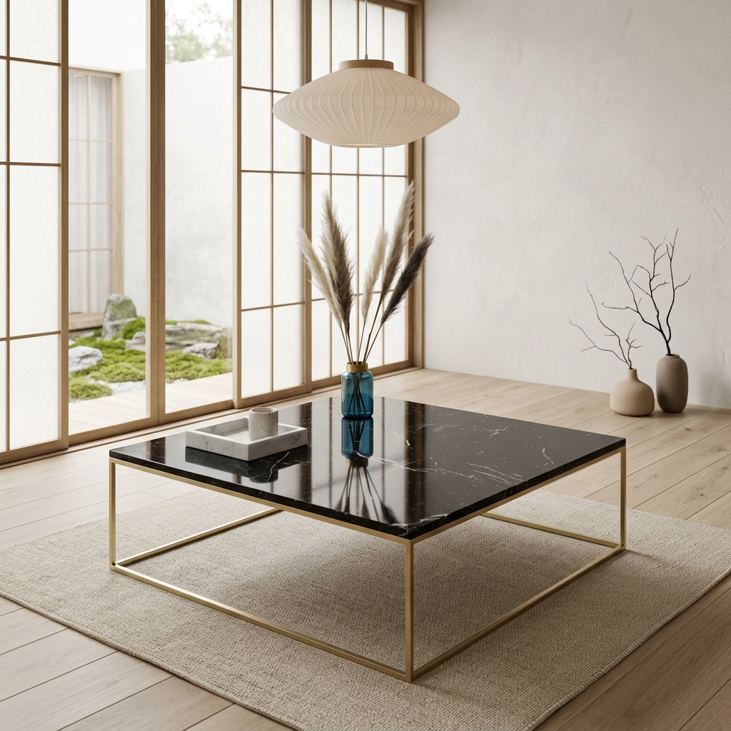 Table basse japandi Sei dans un intérieur japandi — Marbre noir | Maison Japandi