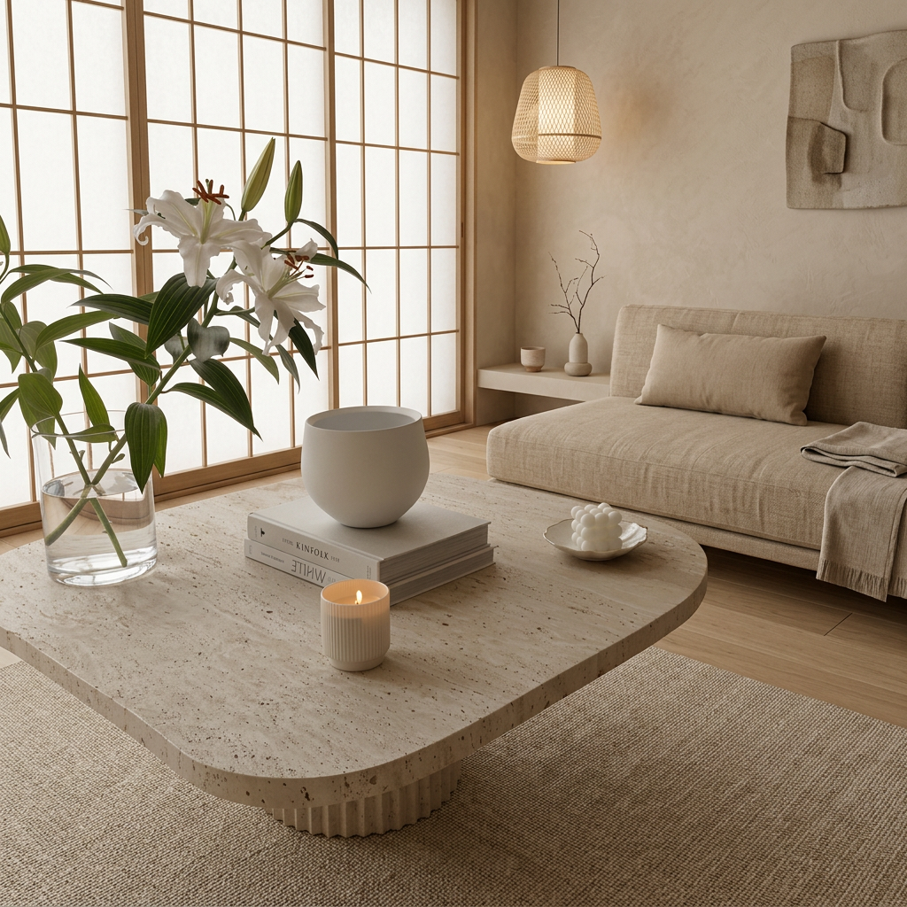 Vue de profil table basse japandi Shiro en travertin wabi-sabi | Maison Japandi