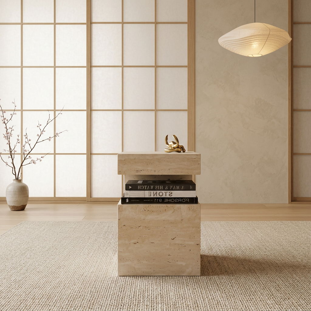Vue de profil table japandi en travertin wabi-sabi | Maison Japandi