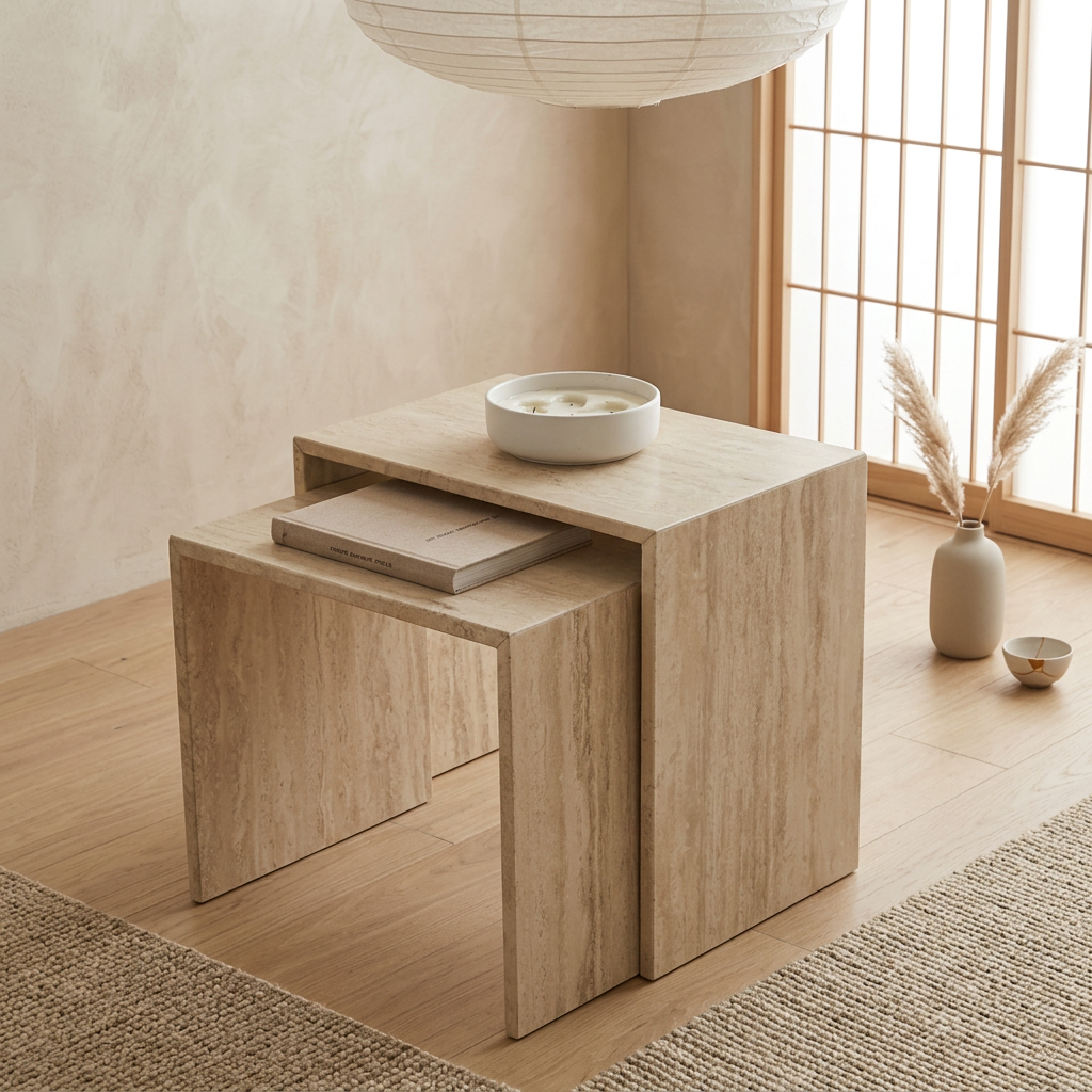 Vue de profil table japandi Duo en travertin wabi-sabi | Maison Japandi