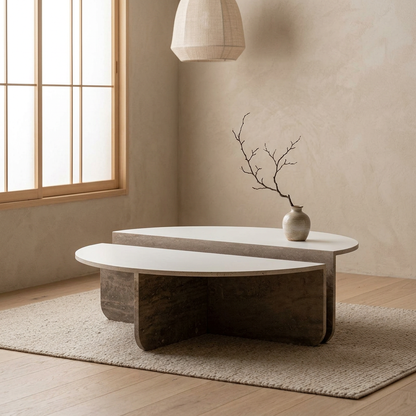 Table basse japandi Kiri dans un intérieur japandi — Travertin | Maison Japandi