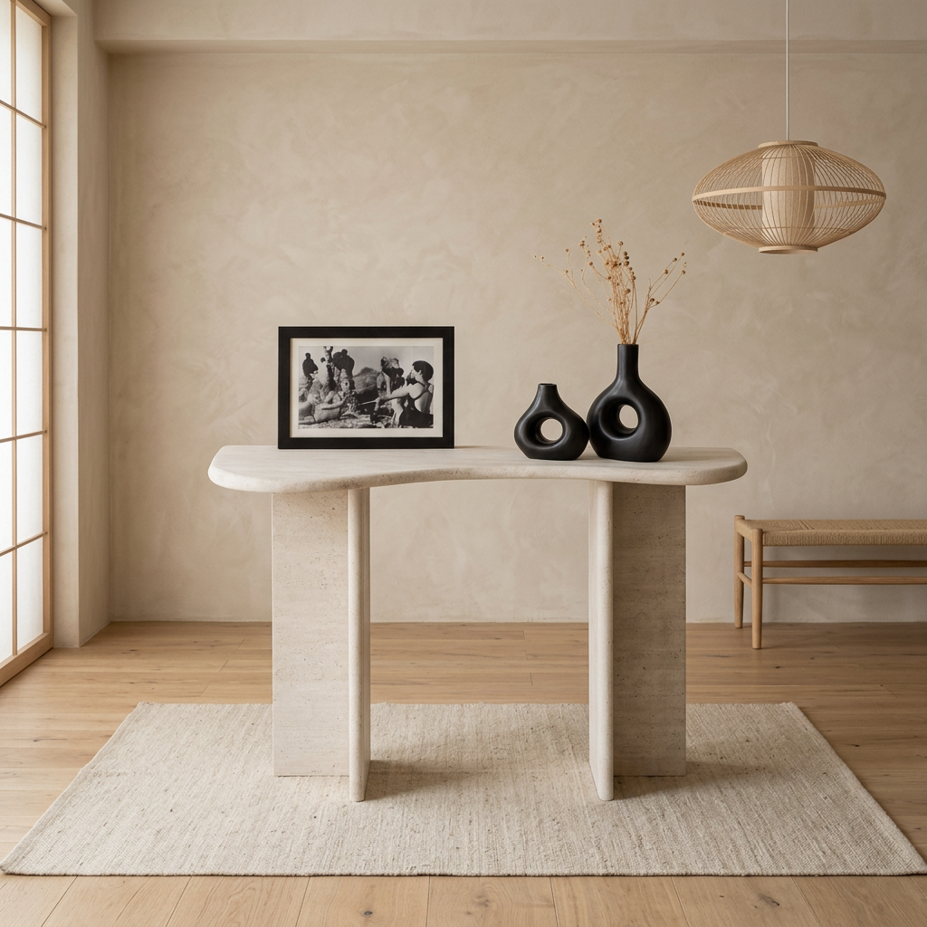 Détail travertin naturel — Console japandi Kumo | Maison Japandi