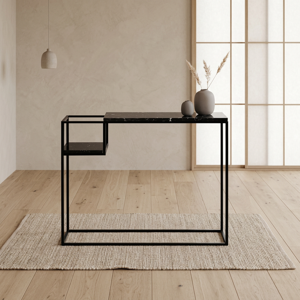 Vue de profil console japandi Métal en marbre wabi-sabi | Maison Japandi