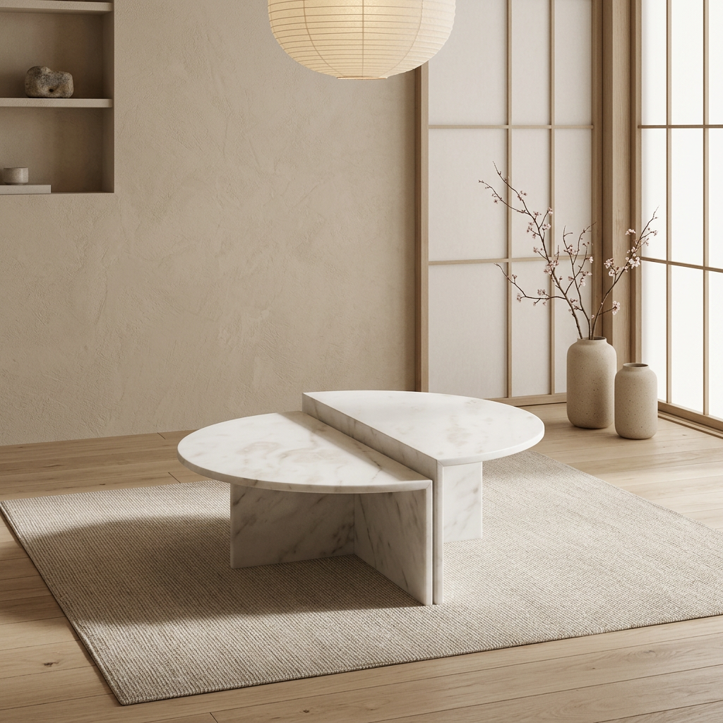 Détail marbre blanc naturel — Table basse japandi Yuki | Maison Japandi