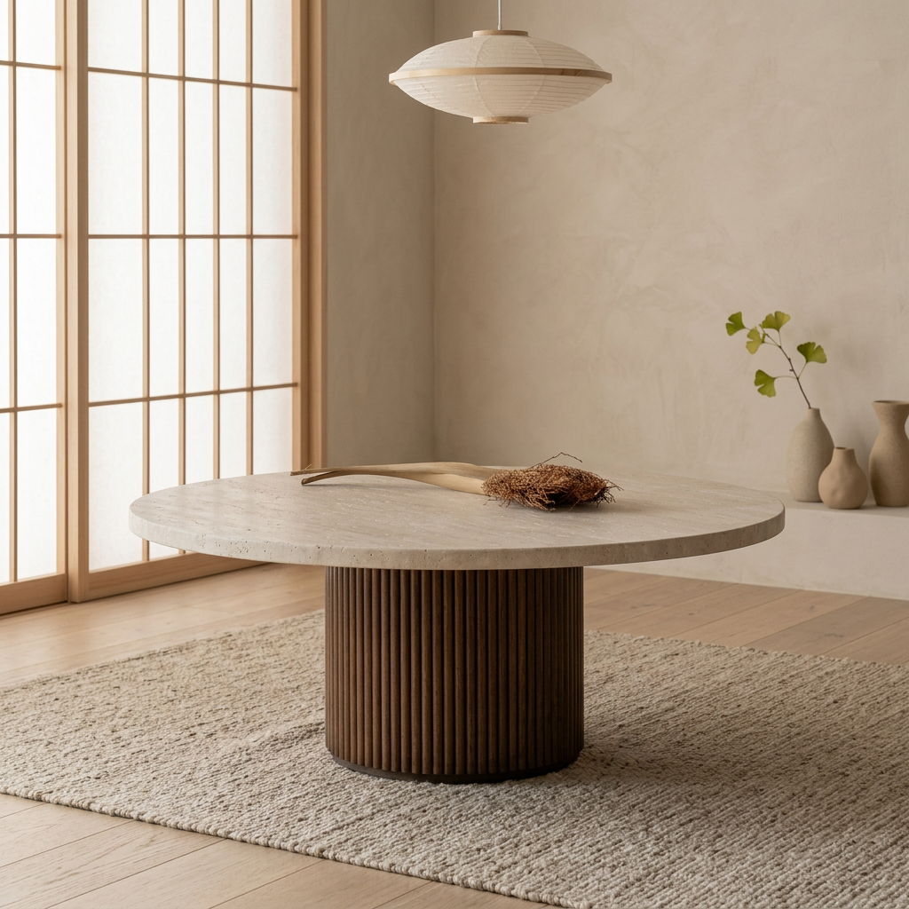 Vue de profil table basse japandi Bois en travertin wabi-sabi | Maison Japandi