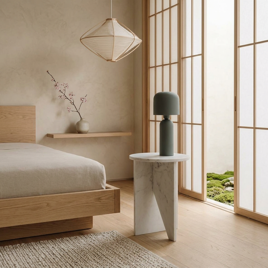 Table de chevet japandi Koe en marbre blanc — Maison Japandi