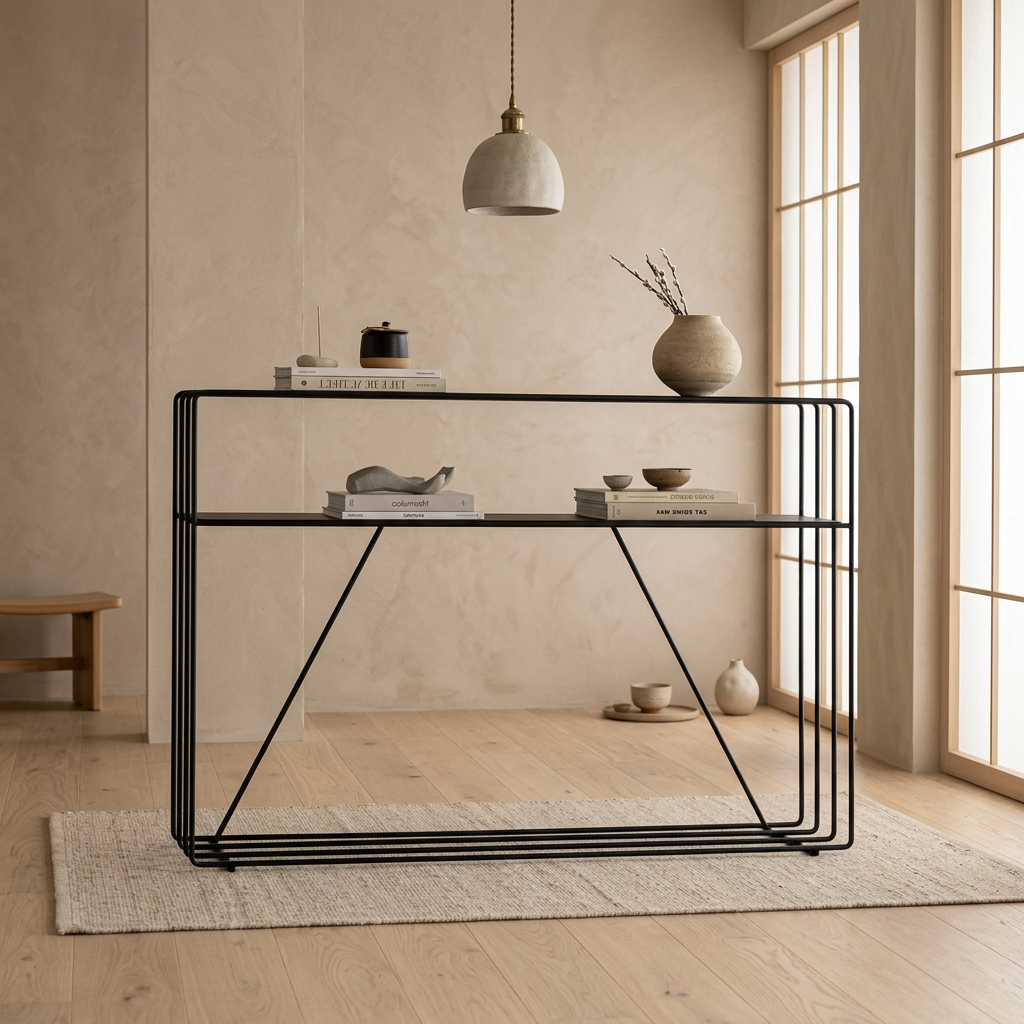 Vue de profil console japandi Métal en pierre naturelle wabi-sabi | Maison Japandi