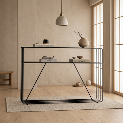 Vue de profil console japandi Métal en pierre naturelle wabi-sabi | Maison Japandi