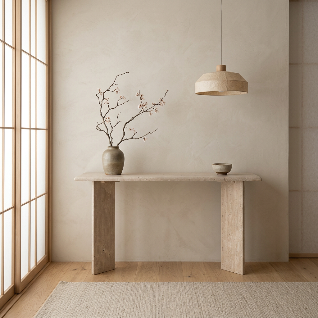 Vue de profil console japandi Stilla en travertin wabi-sabi | Maison Japandi