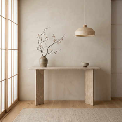 Vue de profil console japandi Stilla en travertin wabi-sabi | Maison Japandi