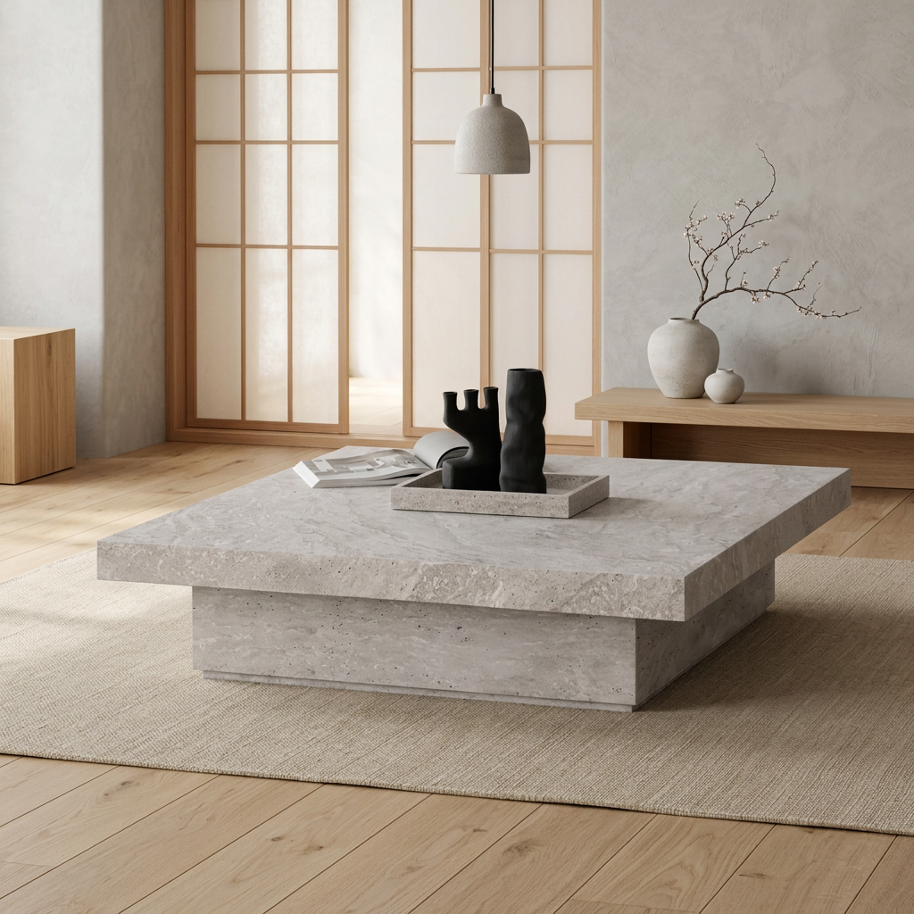 Détail travertin naturel — Table basse japandi Carrée | Maison Japandi