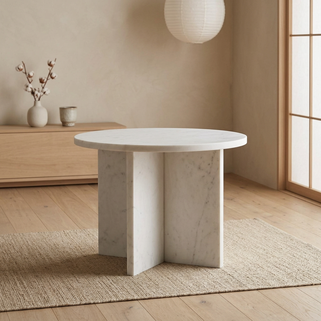 Vue de profil table de chevet japandi Tables en marbre blanc wabi-sabi | Maison Japandi