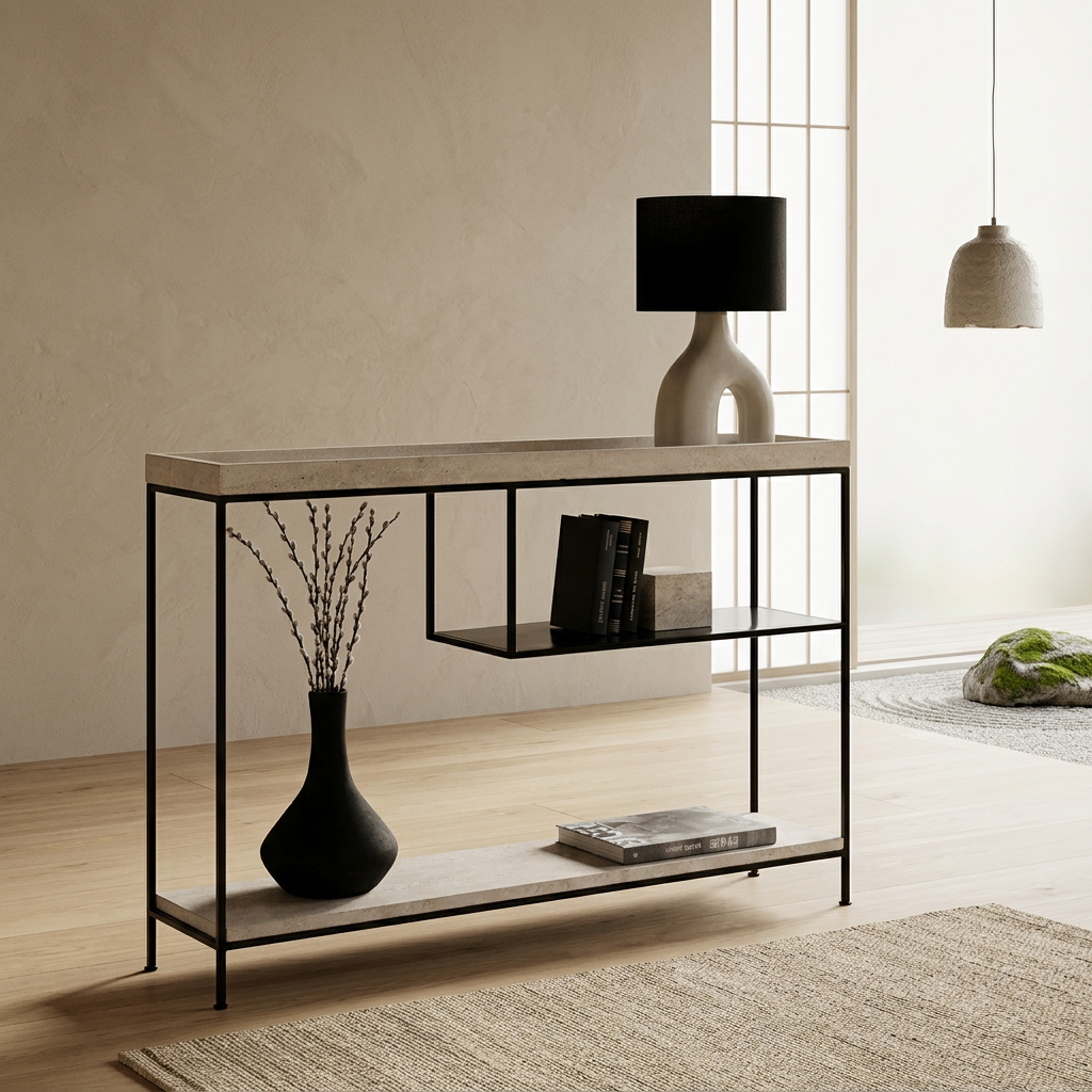 Vue de profil console japandi Sen en travertin wabi-sabi | Maison Japandi