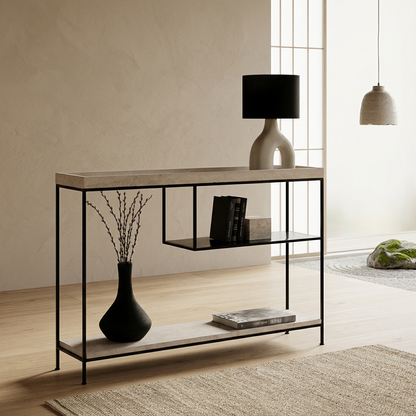 Vue de profil console japandi Sen en travertin wabi-sabi | Maison Japandi
