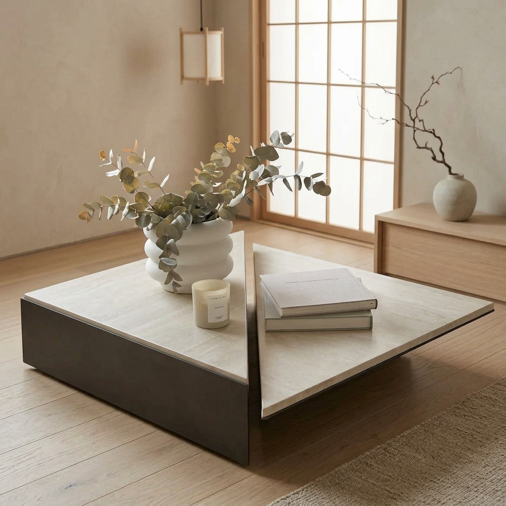 Plateau travertin — table basse japandi Kishi artisanal | Maison Japandi
