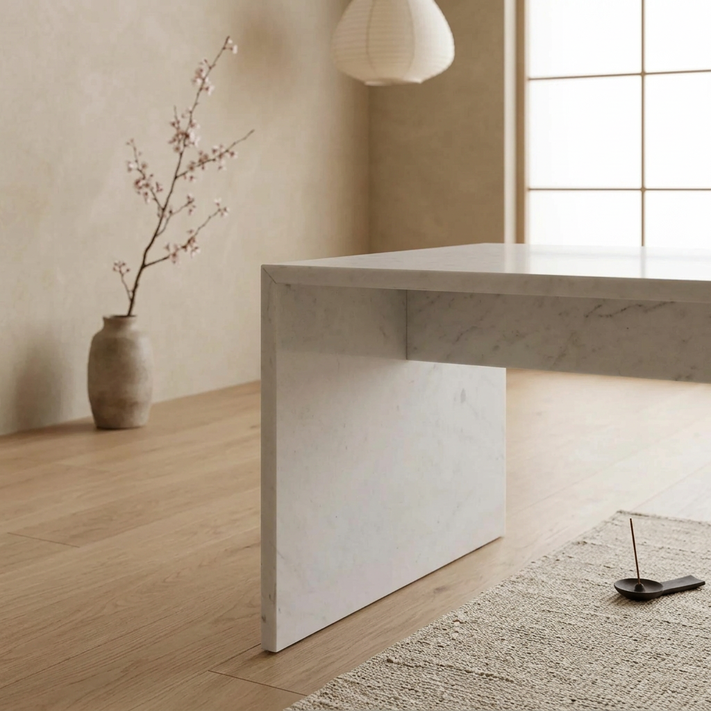 Vue de profil table de chevet japandi Tables en marbre blanc wabi-sabi | Maison Japandi