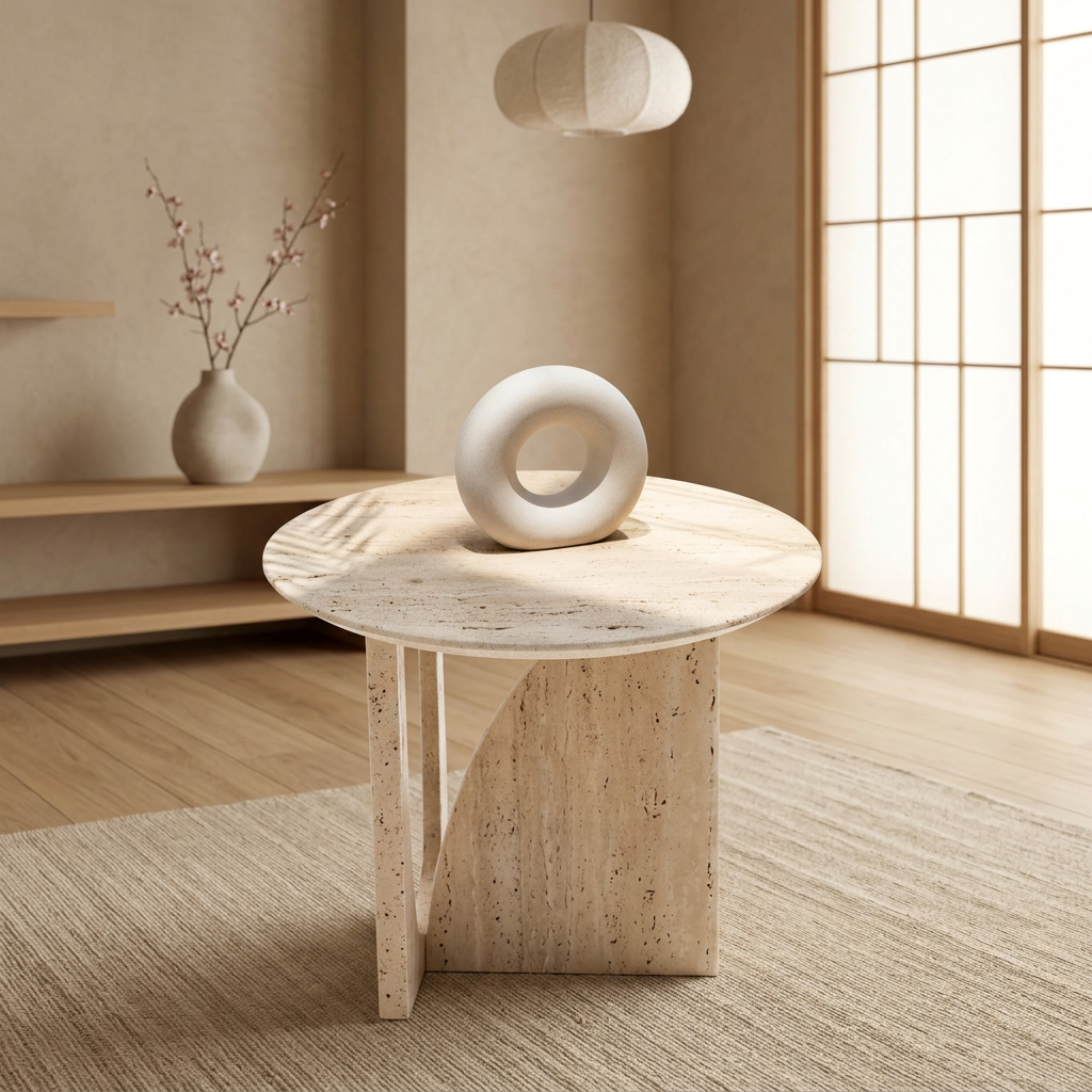 Vue de profil table d'appoint japandi Sakura en travertin wabi-sabi | Maison Japandi
