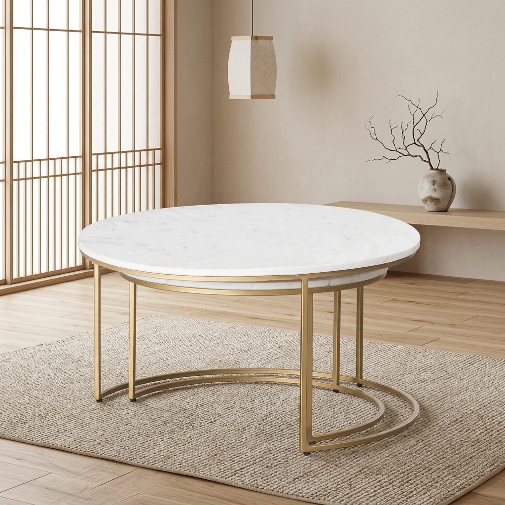 Vue de profil table japandi Tables en marbre blanc wabi-sabi | Maison Japandi