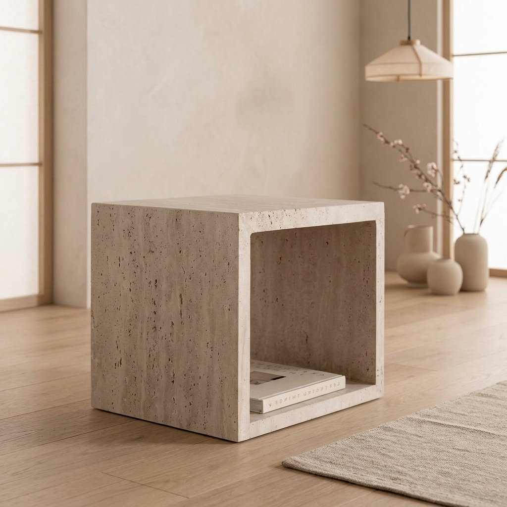 Table de chevet japandi Myr dans un intérieur japandi — Travertin | Maison Japandi