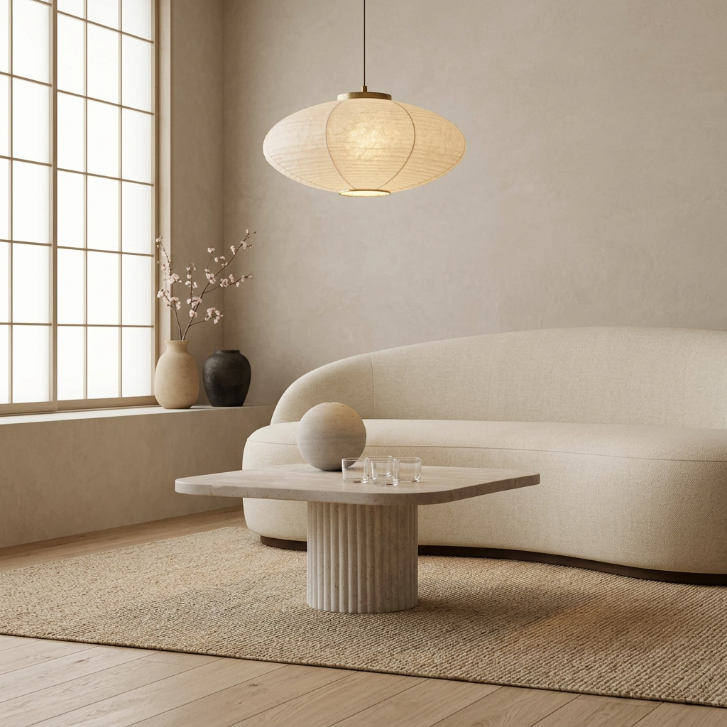 Vue de profil table basse japandi Wabi en travertin wabi-sabi | Maison Japandi