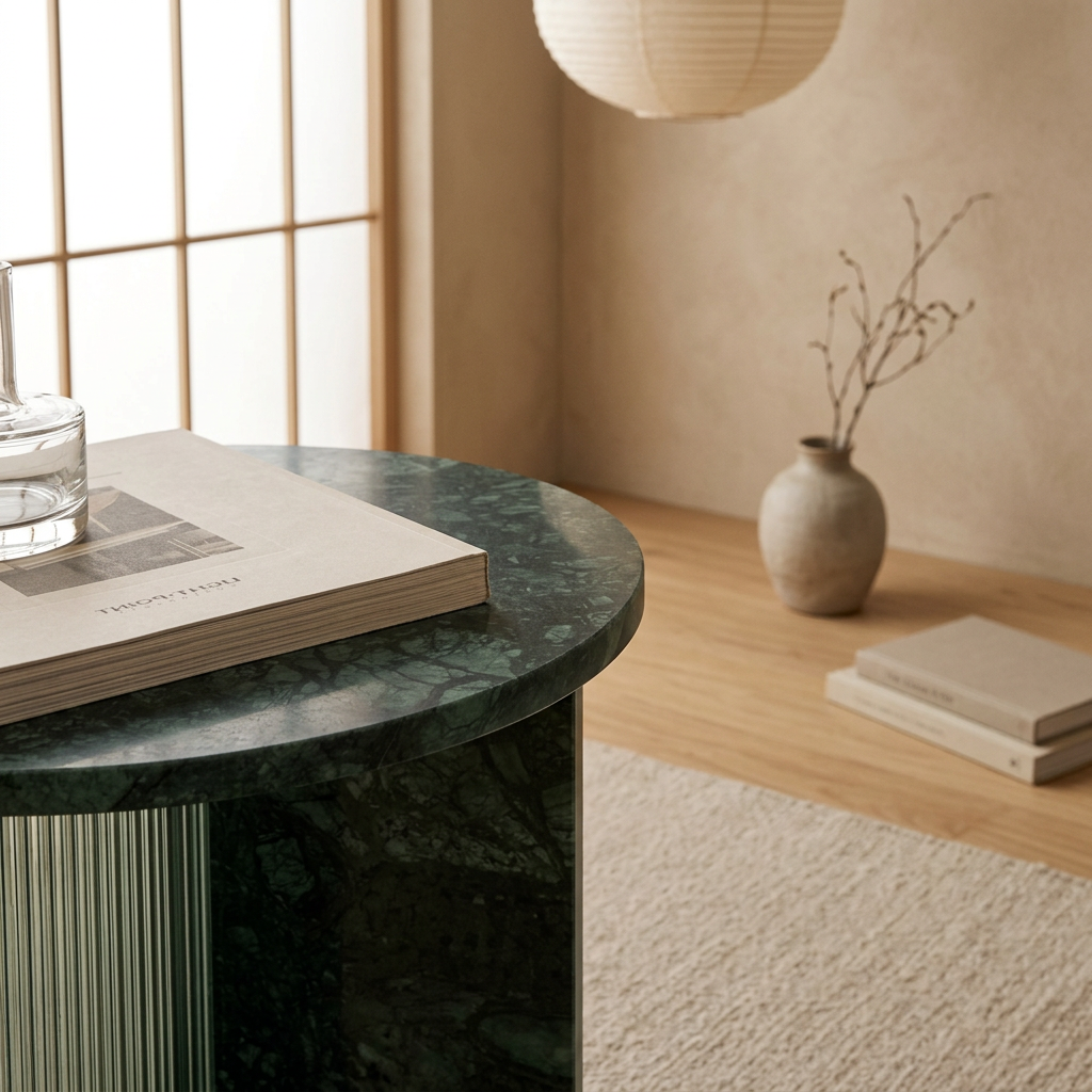 Vue de profil table de chevet japandi Tables en marbre wabi-sabi | Maison Japandi