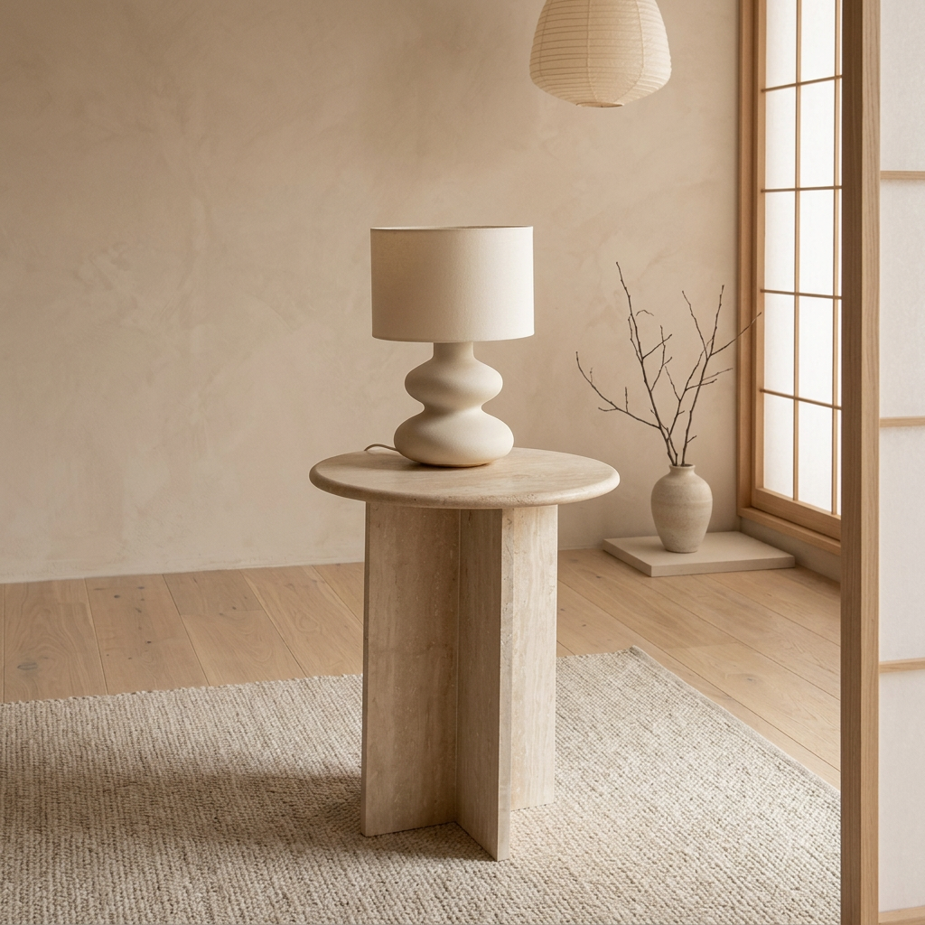 Vue de profil table japandi en travertin wabi-sabi | Maison Japandi