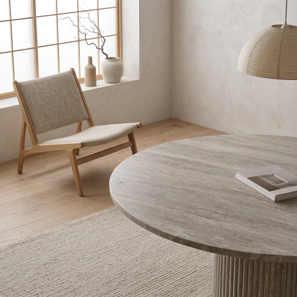 Plateau travertin — table à manger japandi Kasumi artisanal | Maison Japandi
