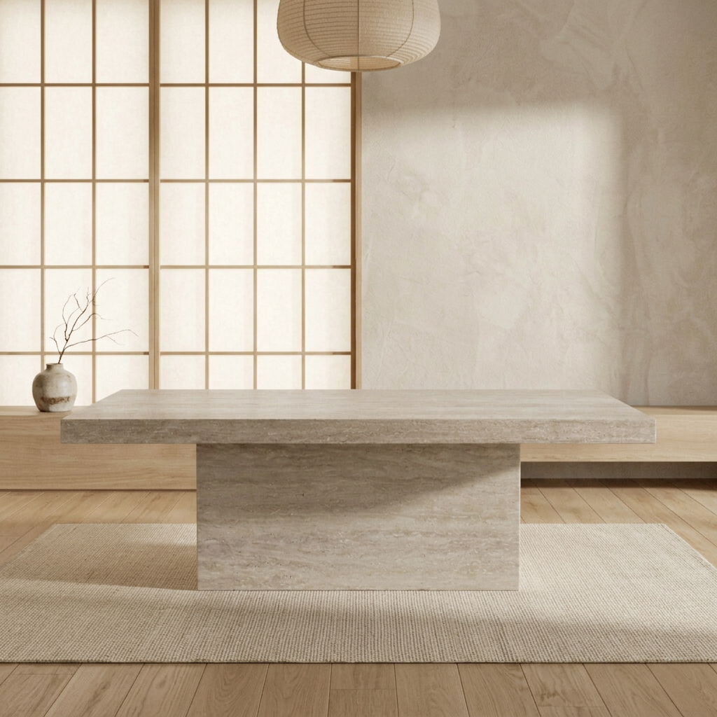 Table à manger japandi Klipp dans un intérieur japandi — Travertin | Maison Japandi