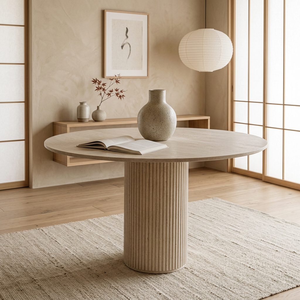 Table à manger japandi Kasumi en travertin — Maison Japandi