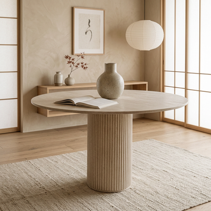 Table à manger japandi Kasumi en travertin — Maison Japandi