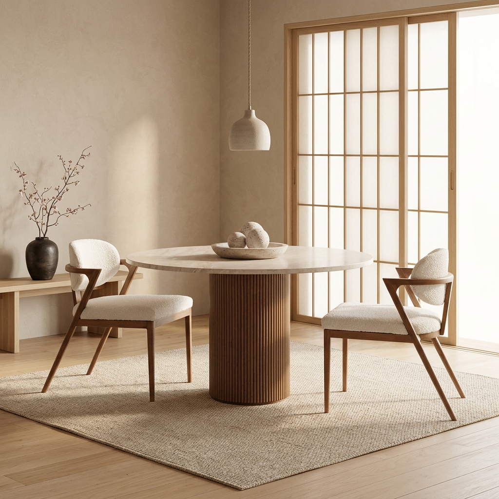Table à manger japandi Nagare dans un intérieur japandi — Travertin | Maison Japandi