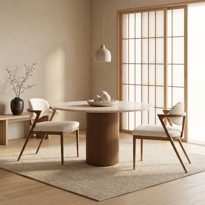 Table à manger japandi Nagare dans un intérieur japandi — Travertin | Maison Japandi