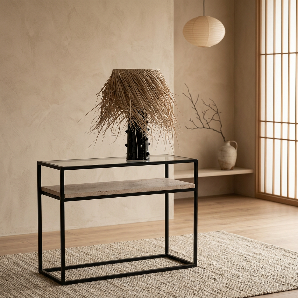 Vue de profil console japandi Verre en travertin wabi-sabi | Maison Japandi