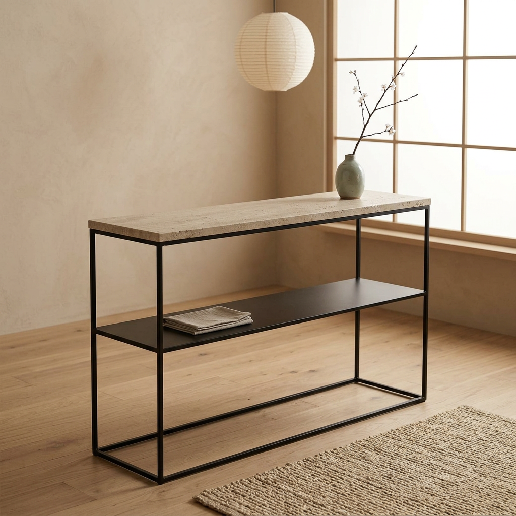 Vue de profil console japandi Métal en travertin wabi-sabi | Maison Japandi
