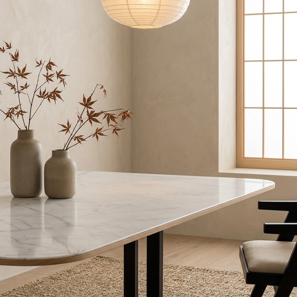 Détail marbre blanc naturel — Table à manger japandi Skog | Maison Japandi