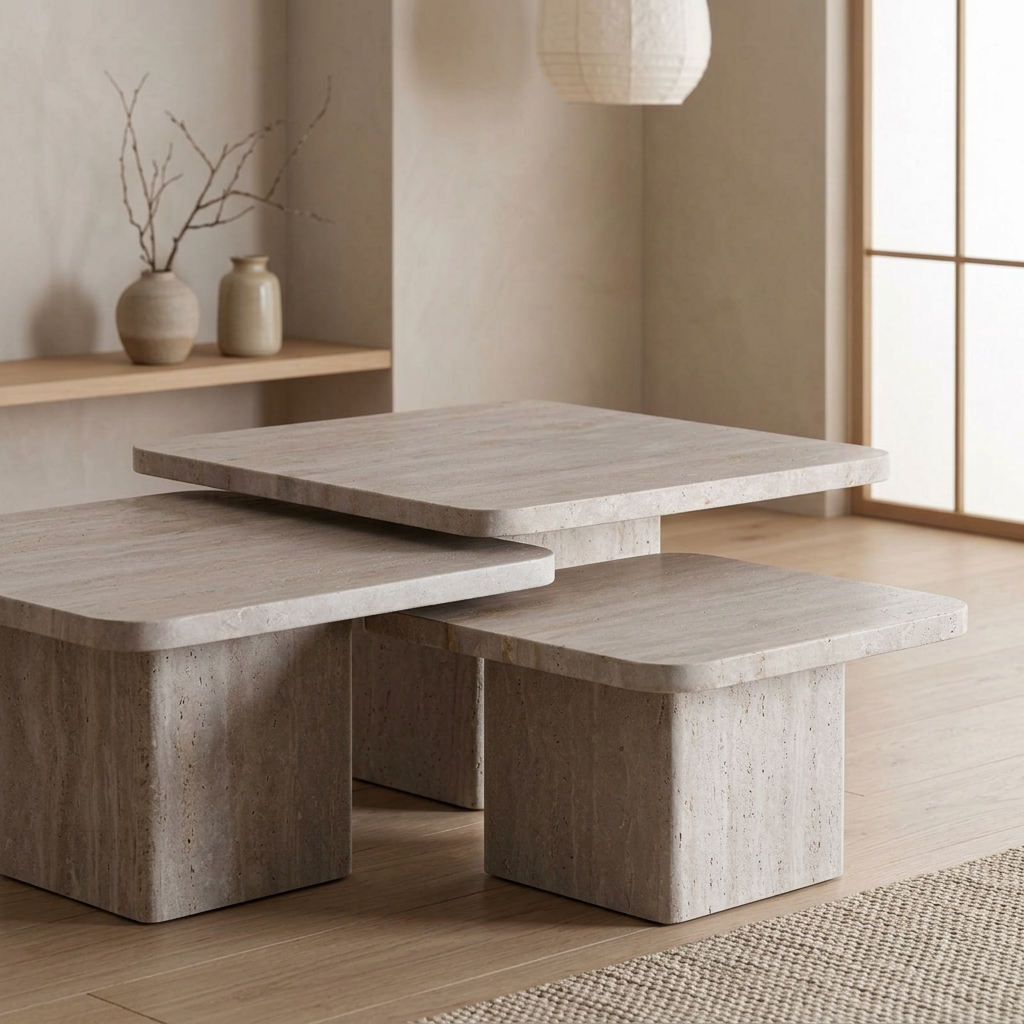 Vue de profil table japandi Trio en travertin wabi-sabi | Maison Japandi