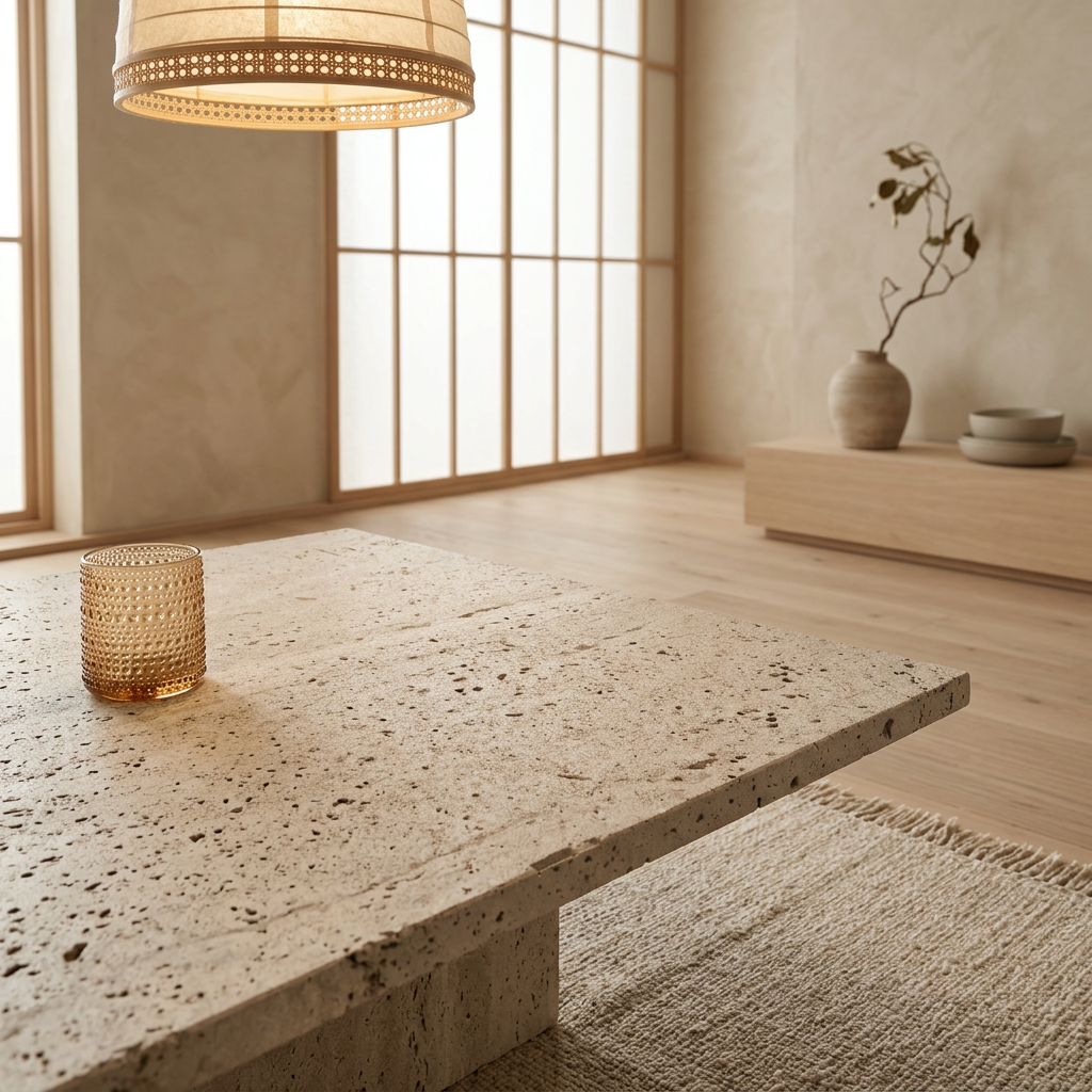 Détail travertin naturel — Table basse japandi | Maison Japandi