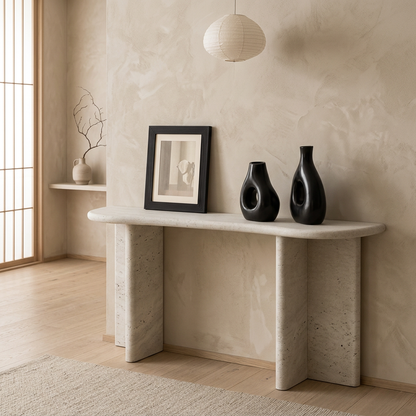 Vue de profil console japandi Kumo en travertin wabi-sabi | Maison Japandi