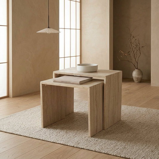 Détail travertin naturel — Table japandi Duo | Maison Japandi