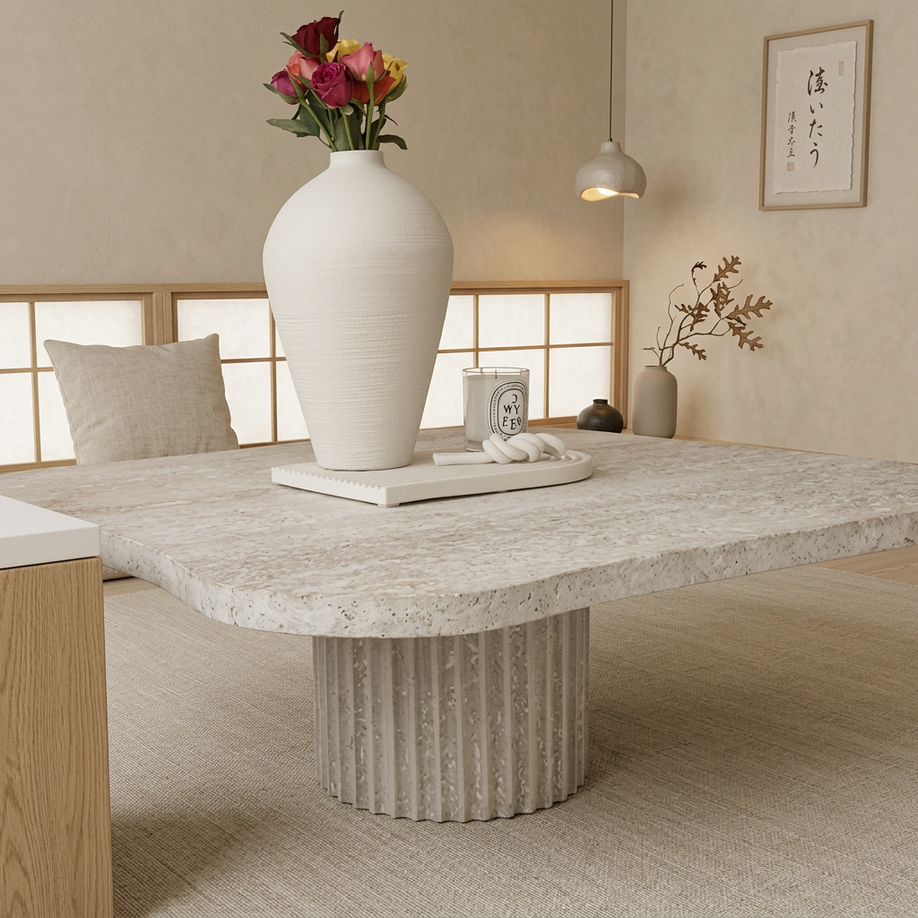 Détail travertin naturel — Table basse japandi Shiro | Maison Japandi