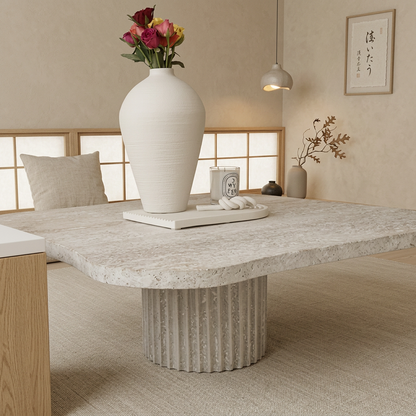 Détail travertin naturel — Table basse japandi Shiro | Maison Japandi