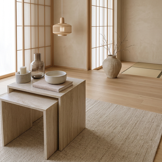 Table japandi Duo en travertin — Maison Japandi