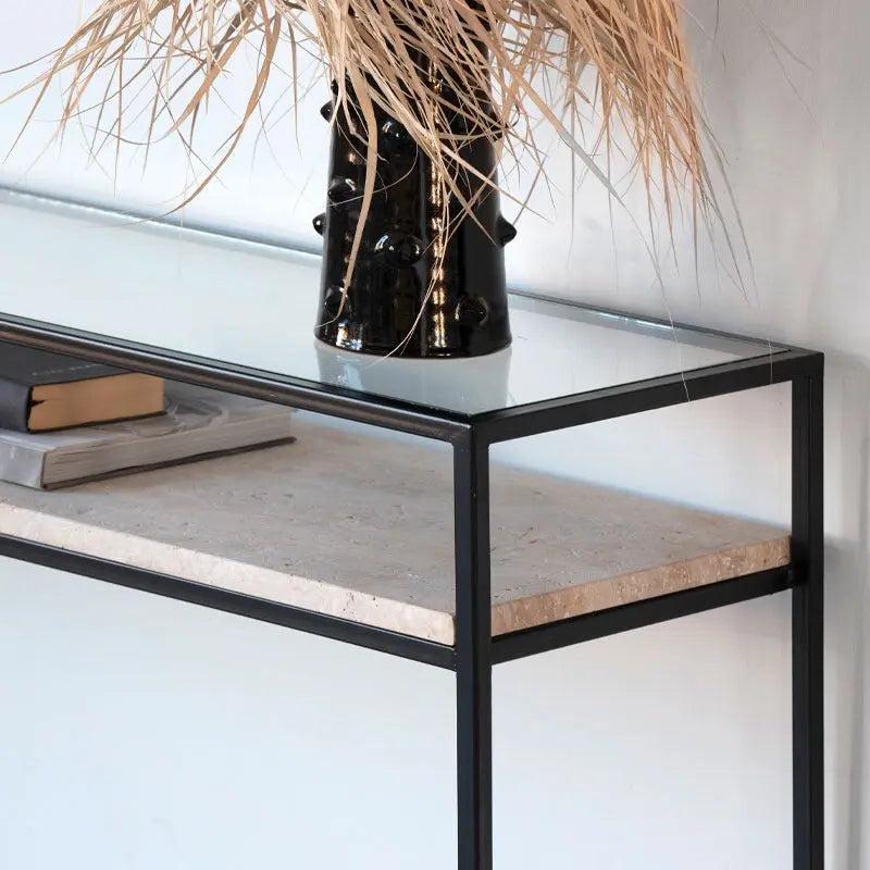 Console Japandi en Verre et Travertin Nami – Design Moderne et Élégant