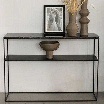 Console Japandi en Marbre Noir et Métal Noir Kawa – Élégance Contemporaine