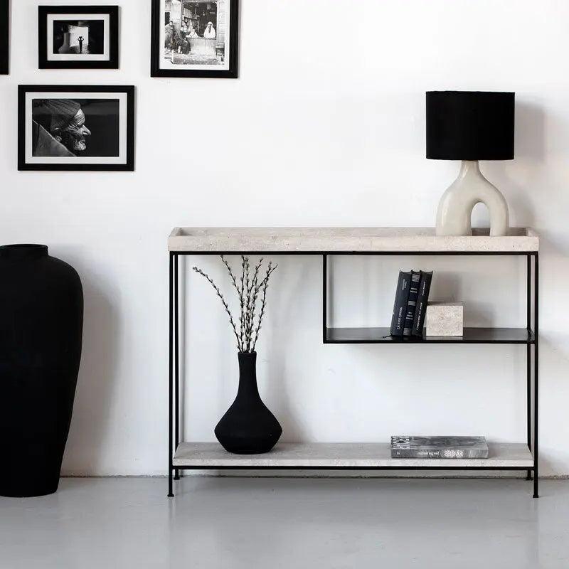 Console Japandi Sen en Travertin – Élégance naturelle et rangements intégrés